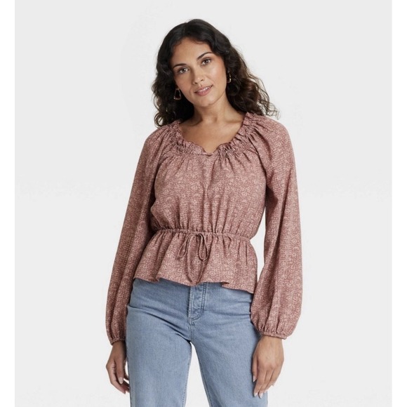 Universal Thread Tops - Universal Threads Mauve Floral Balloon Sleeve Blouse with Cinch Waist - L